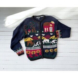 Maurices vtg farm cow horse duck navy embroidered cardigan sweater‎